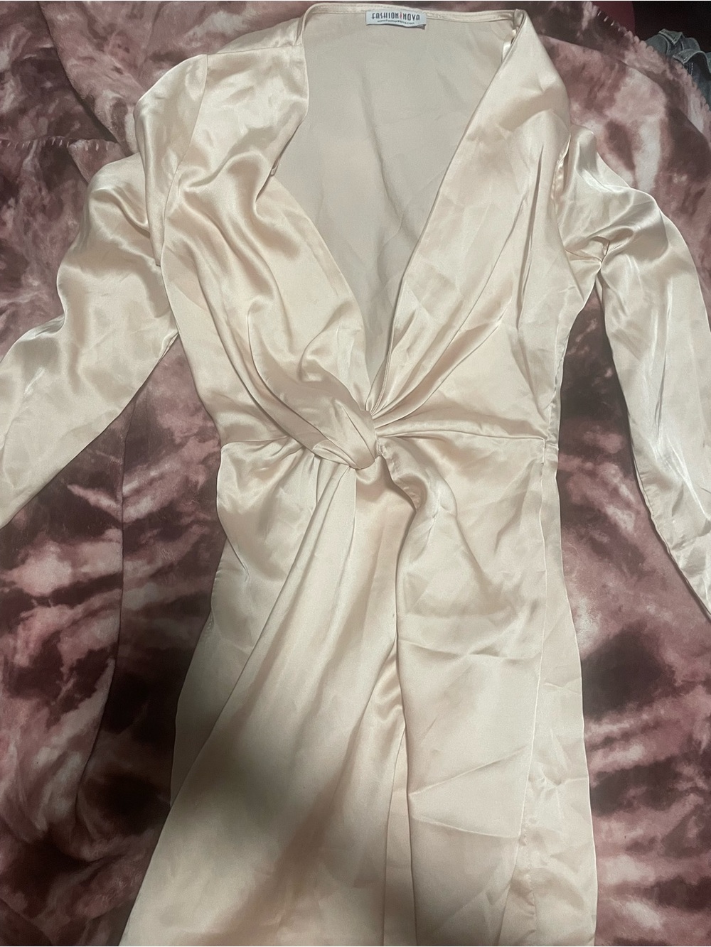 Fashion Nova Twist-Front Satin Sleep Dress in Champagne Beige